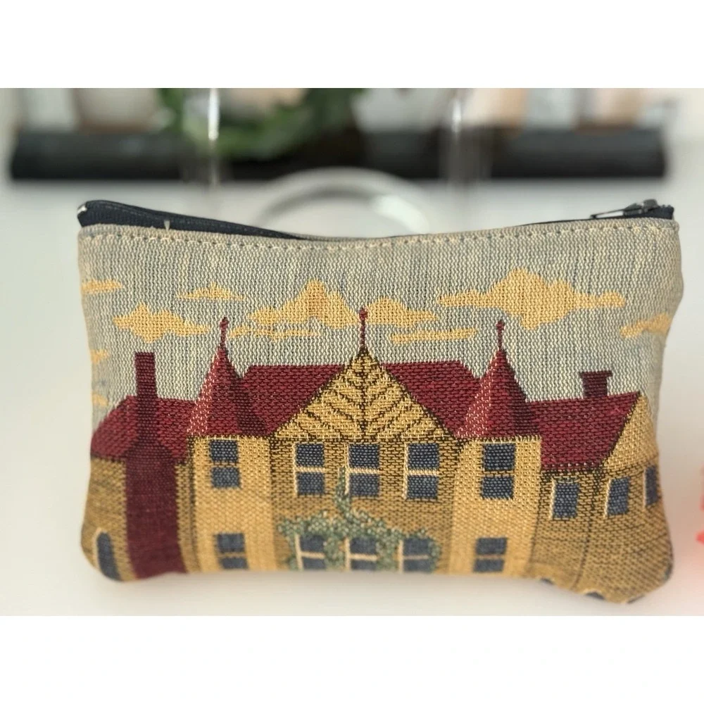 Vintage Tapestry Row Houses‎ Embroidered Style Zippered Bag Makeup Pouch 7